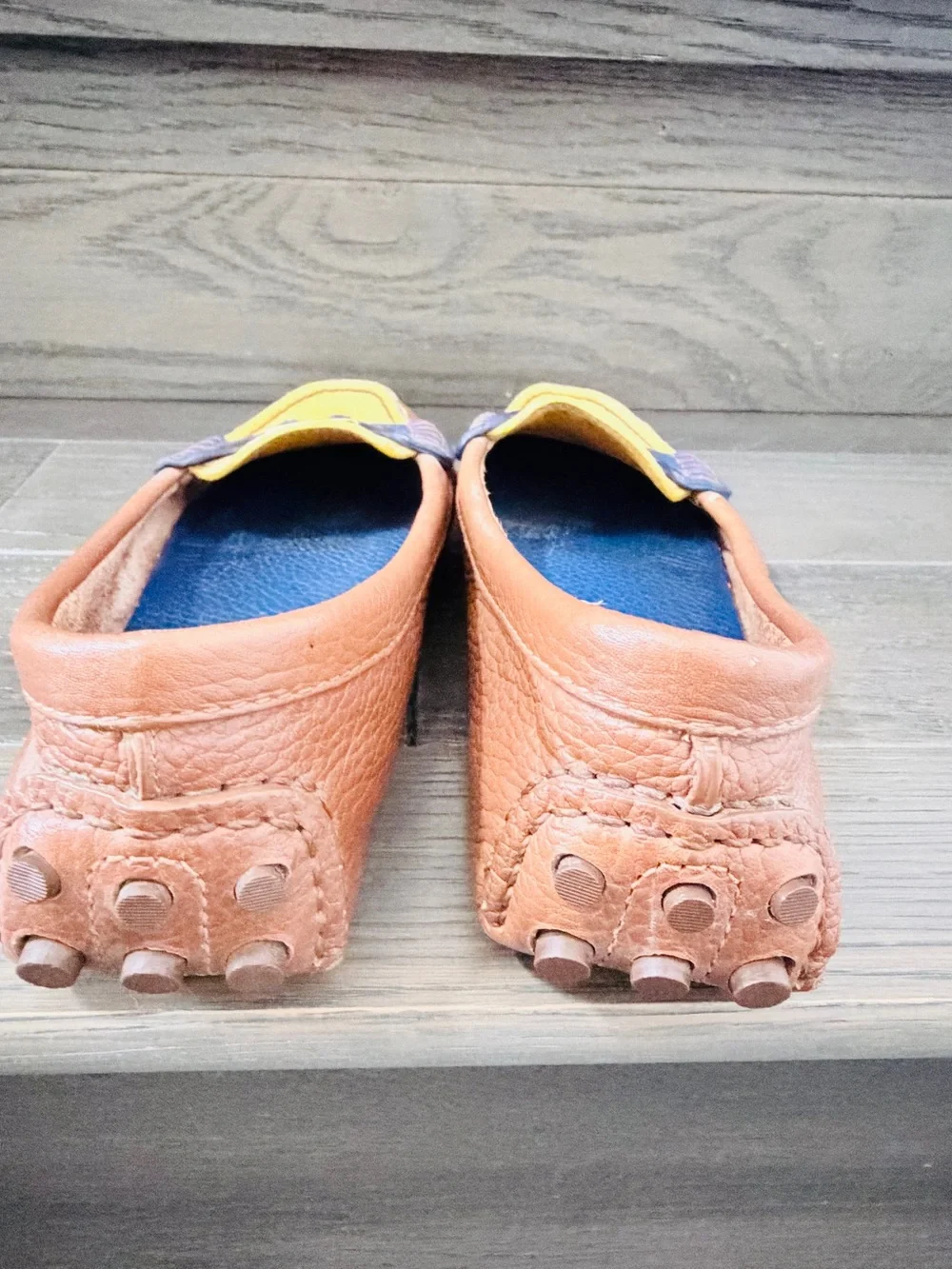 Tory Burch Brown, Navy & Yellow Two-Tone Leather Loafers